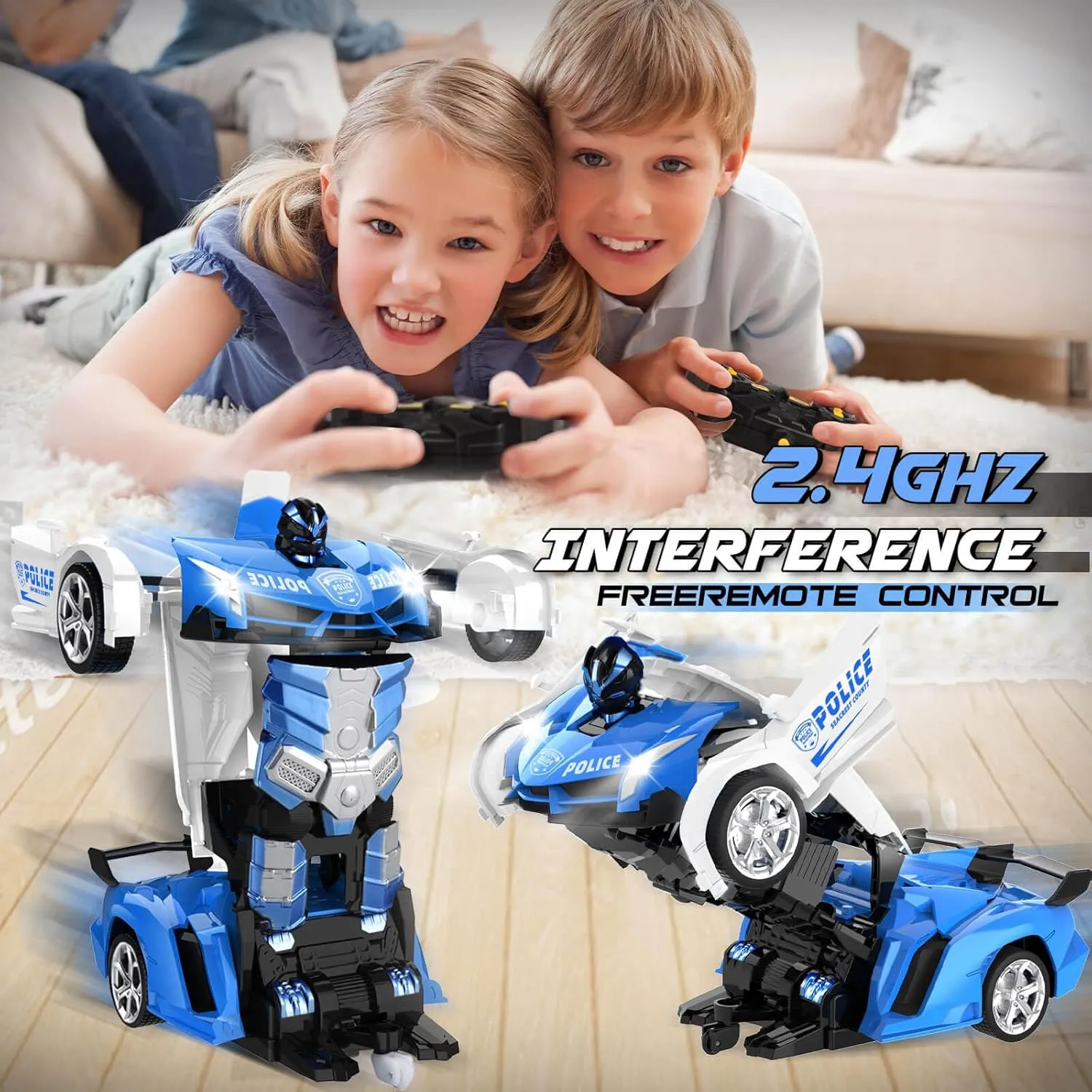 Transform Remote Control Car - Rc Cars, One-Button Transforming, 360° Rotation Drifting, 2.4ghz 1:18 Scale, Gift Kids Aged 4-6 Year Old Boys/Girls, Police Car Blue