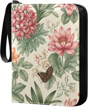 Tropical Botanical Floral Card Binder 4 Pocket Trading Card Album Fits 400 Sports/Game Cards, PU Cover 3 Ring Card Collection with 50 Removable Sleeves