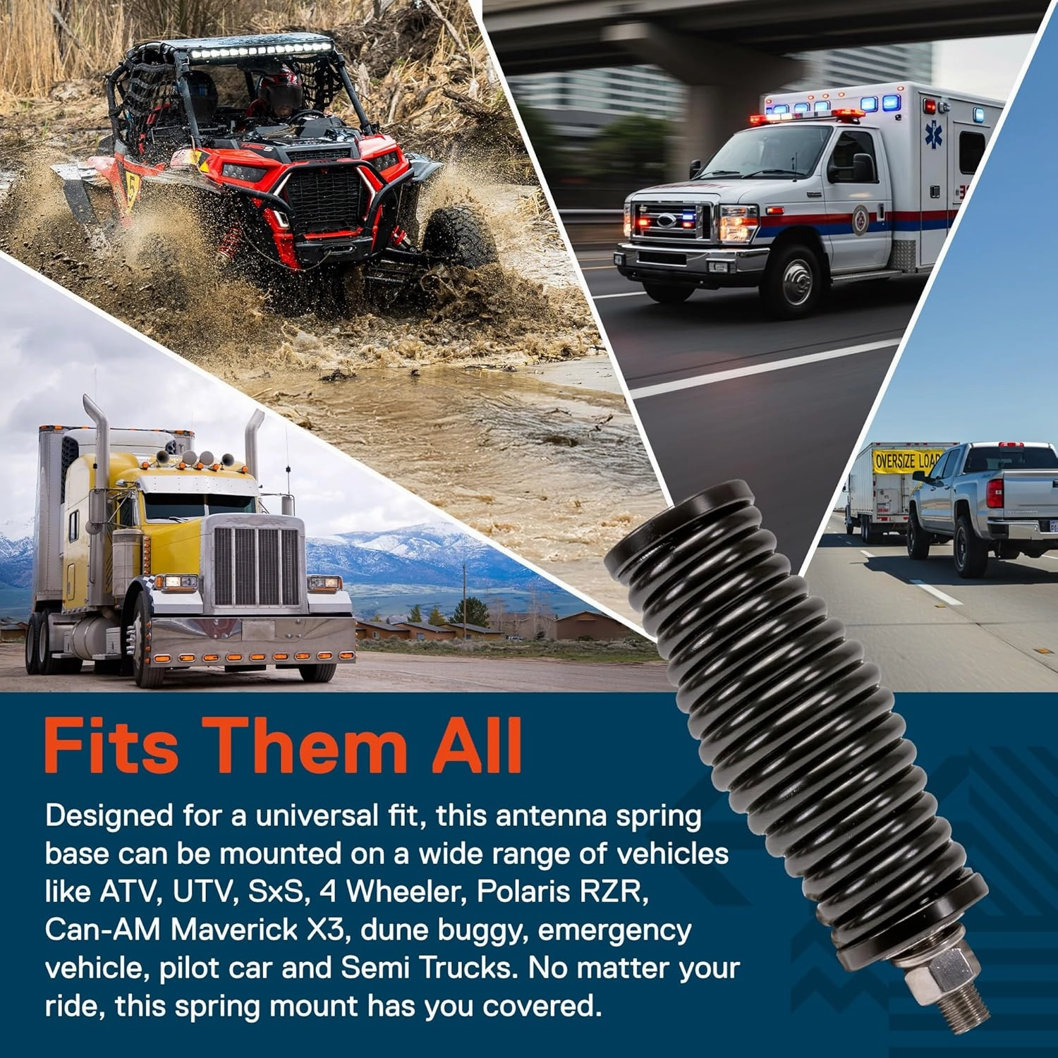 True MODS Black 2pc Heavy-Duty Stainless Steel CB Radio Antenna Spring Mount Base [3/8" 24 Thread] for Offroad UTV ATV SxS Side-by-Side 4 Wheeler Polaris RZR Razor Can-Am Maverick X3 Semi Truck Car
