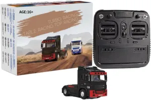 Turbo Racing 1/76 RC Semi Truck, 2.4GHz 3CH Electric 4WD Mini Remote Control Tractor Model, Desktop Scale Vehicle for Hobbyists (RTR/Red & Black)
