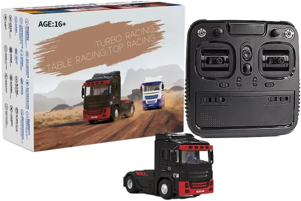 Turbo Racing 1/76 RC Semi Truck, 2.4GHz 3CH Electric 4WD Mini Remote Control Tractor Model, Desktop Scale Vehicle for Hobbyists (RTR/Red & Black)