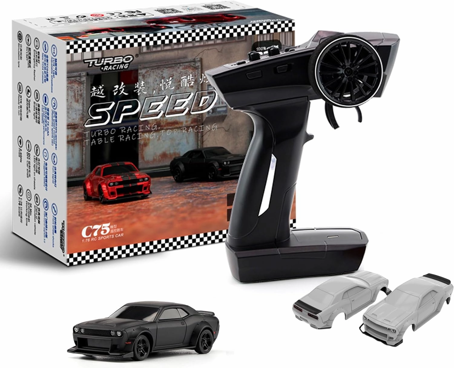 TurboRC C75-Black 1:76 Mini Sports Car 4CH 2.4GHZ Remote Control Full Proportional RTR Kit with 2 Replaceable Body Shell