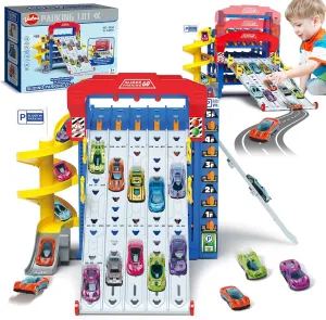 VATOS Sliding Track Truck Car, Parking Toy Storage Track Car Toy with 10 Cars for Boys Ages 3 4 5 6 7 8, Birthday School Year Gift Car Set for Boys Girls Toddlers 3-5