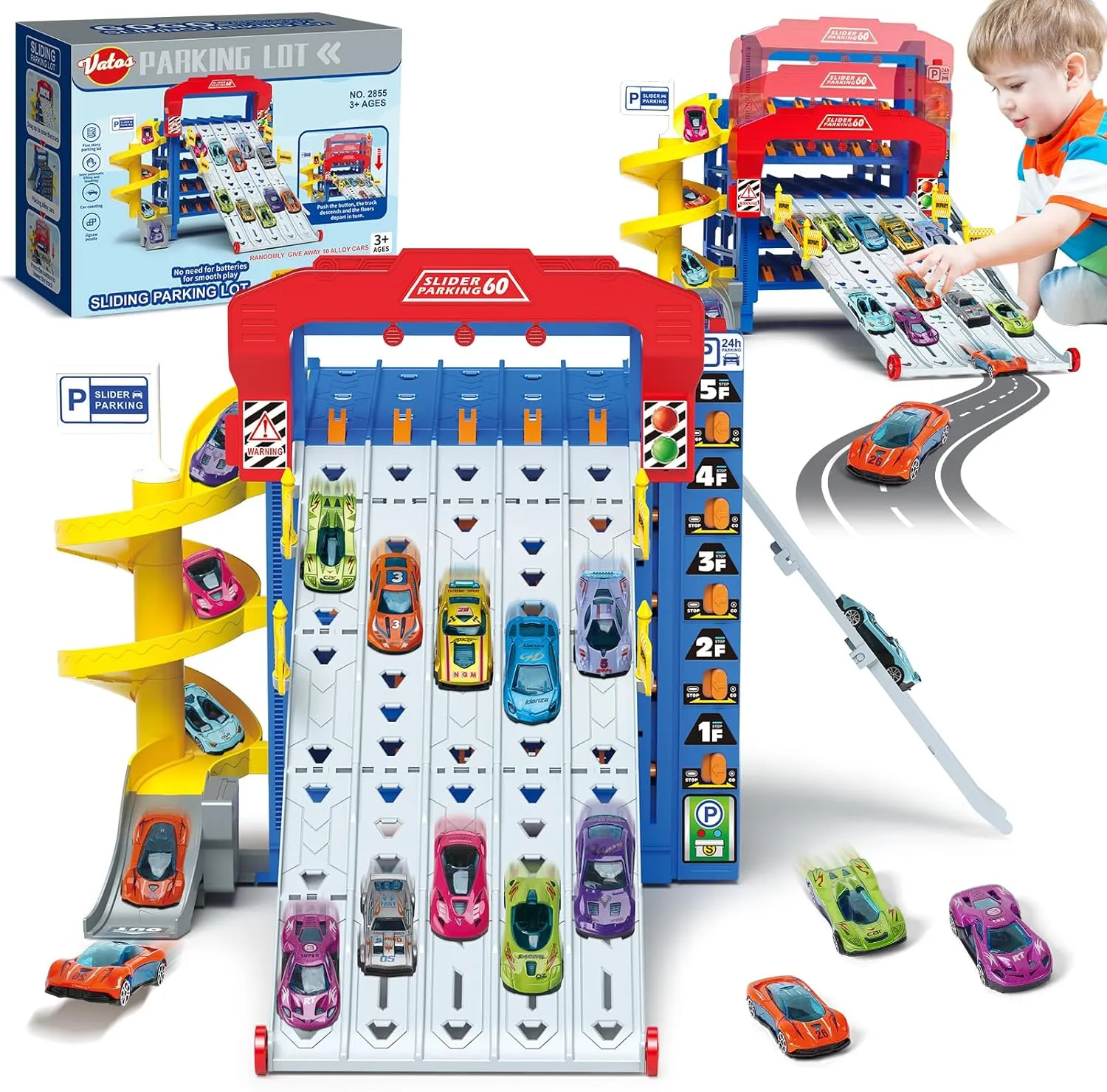 VATOS Sliding Track Truck Car, Parking Toy Storage Track Car Toy with 10 Cars for Boys Ages 3 4 5 6 7 8, Birthday School Year Gift Car Set for Boys Girls Toddlers 3-5