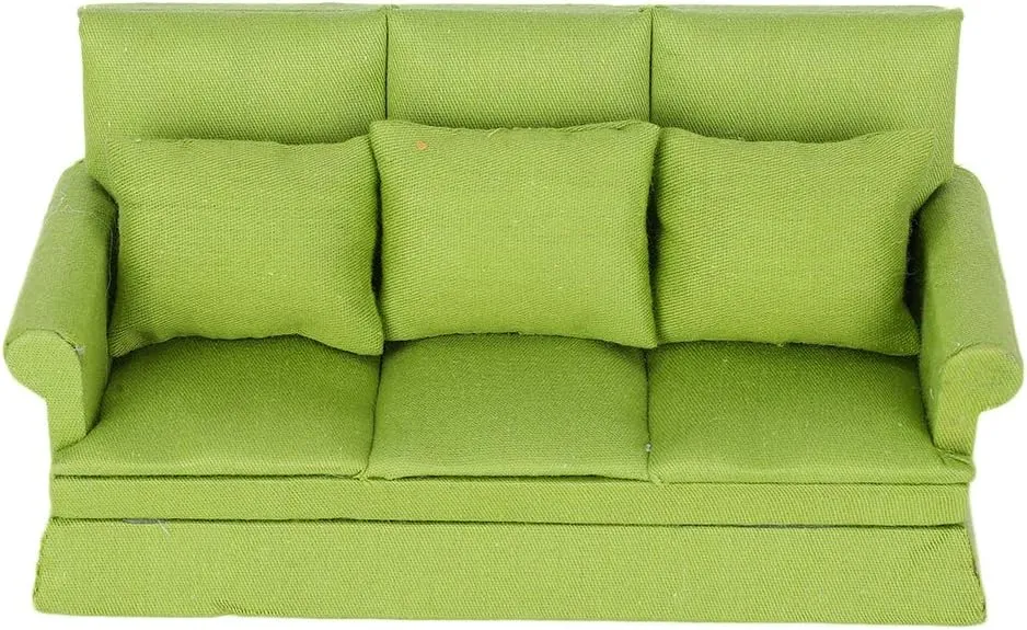 VBESTLIFE 1:12 Scale Doll House Mini Sofa with 3Pcs Pillow, Miniature Wooden Couch Doll House Scene Accessories Ornament for Living Room Desktop Decoration(Green)