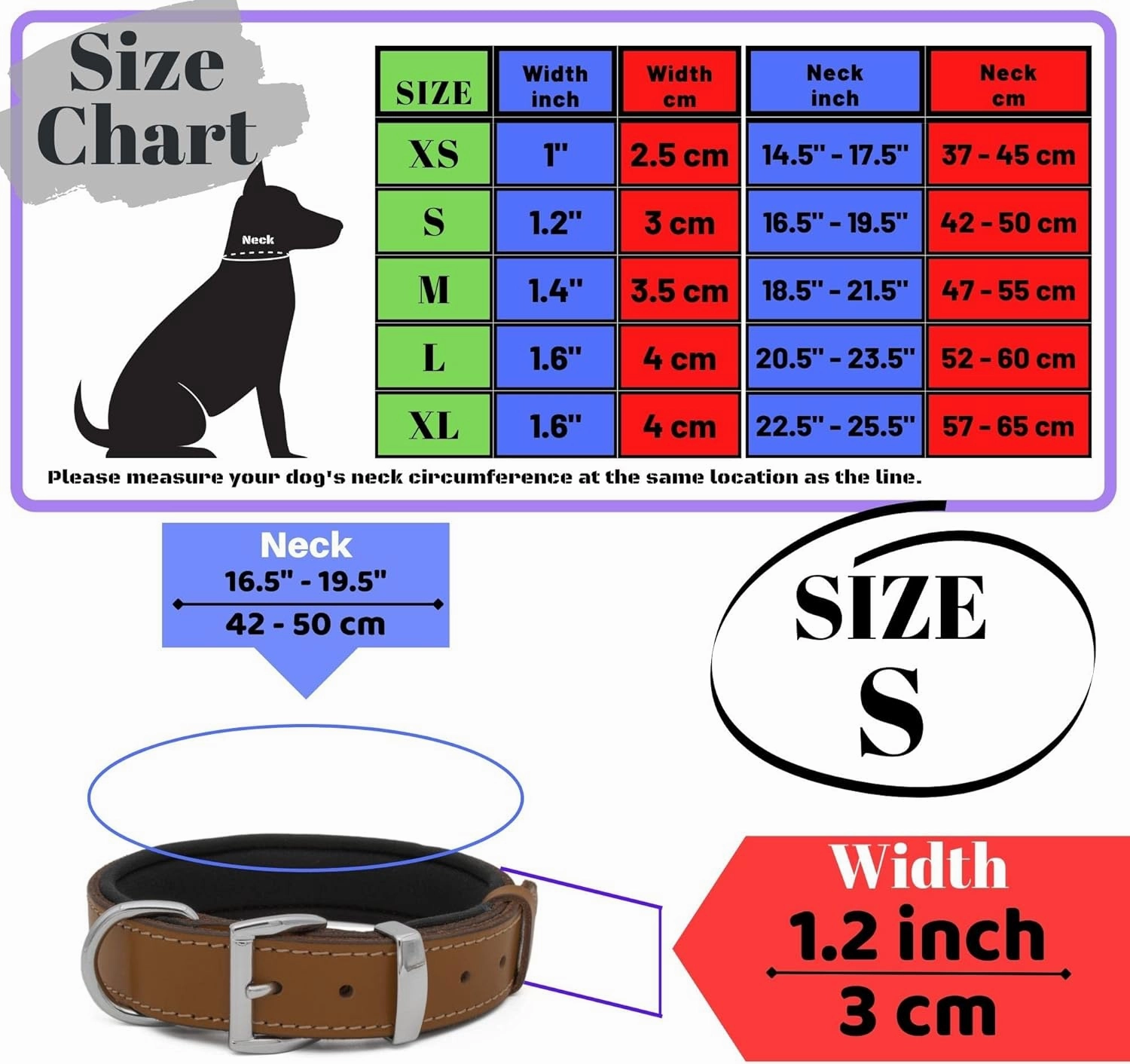 Vegetable-Tanned Leather Dog Collar for Large Dogs - Heavy Duty and Luxury Design Dog Collars (S: 1.2” Wide for 16.5”-19.5” Neck, Brown-Tan)