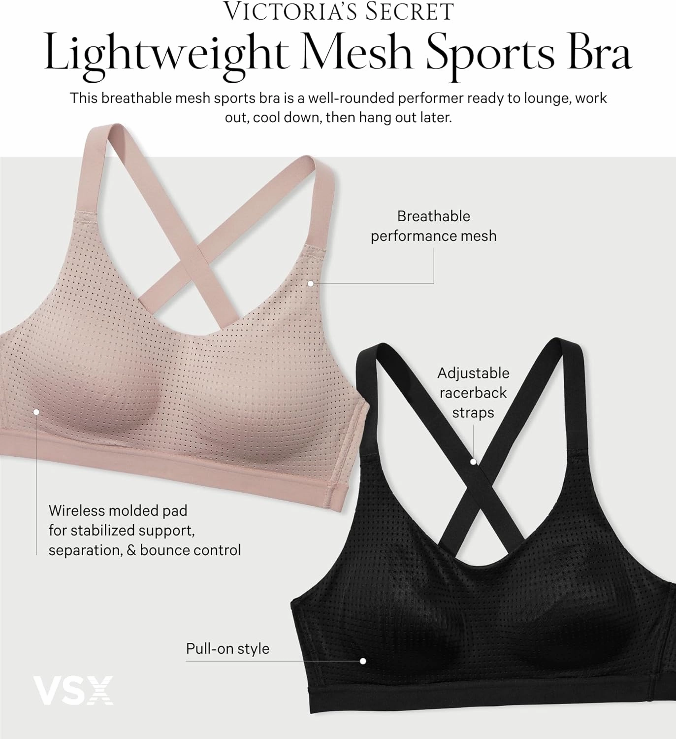 Victoria's Secret Women's VSX Lightweight Mesh Sports Bra, Medium Wireless Support (32A-38DD)