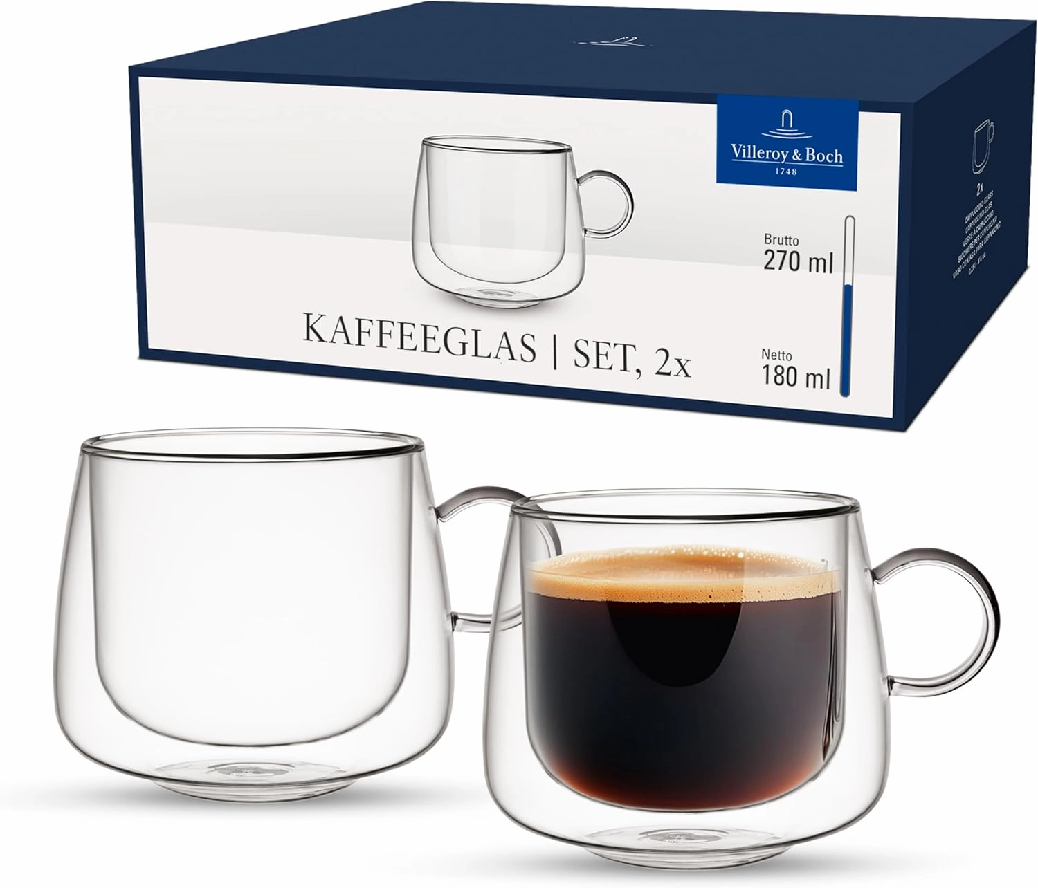 Villeroy & Boch Artesano Hot & Cold Beverages Coffee Glass, Set of 2 Glasses, Double-Walled Glasses for Cold and Hot Beverages, 9 oz, Borosilicate Glass, Dishwasher-Safe, Microwave-Safe