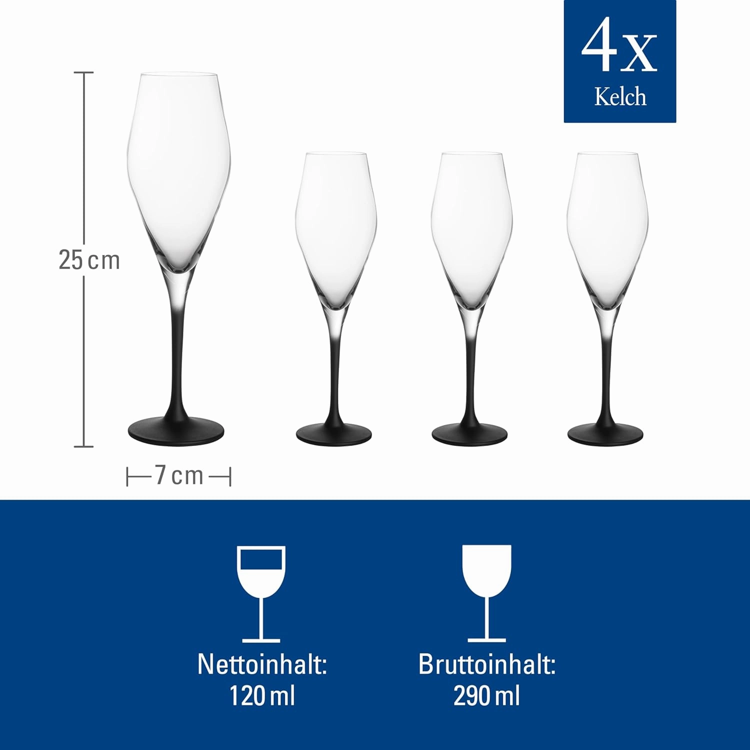 Villeroy & Boch Manufacture Rock Set of 4 Elegant Crystal Glass Champagne Flutes Dishwasher Safe Black