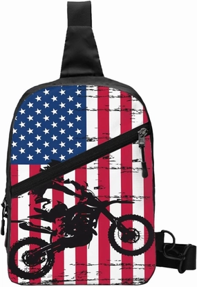 Vintage American Motorcycle Flag Dirt Bike Rider Motocross Portable Sling Bags Packable Crossbody Bag Foldable Sport Daypack Reusable Shoulder Backpack Diagonally Chest Bag for Workout Travel