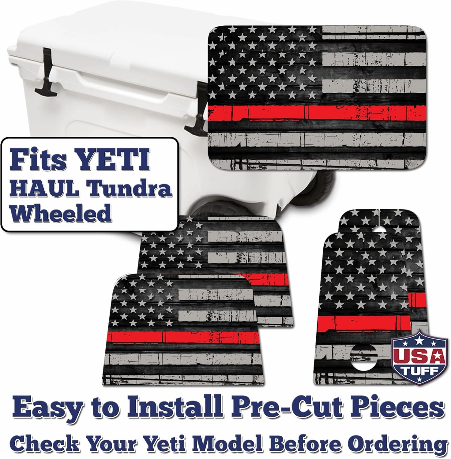 Vinyl Cooler Lid & Insert Kit Compatible with YETI | Easy Peel & Stick Application Cooler Skin Decal Wrap | Durable Pre-Cut Pieces | Made for Outdoor Use - Thin Redline Flag