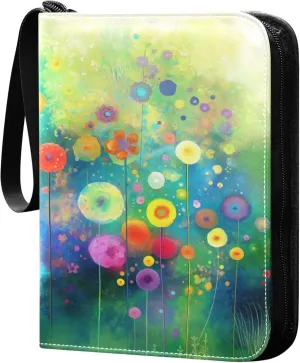 Watercolor Flowers Card Binder 4 Pocket Collectible Trading Card Albums with 50 Sleeves Double Side PU Waterproof 3 Ring for Sports & Game Cards