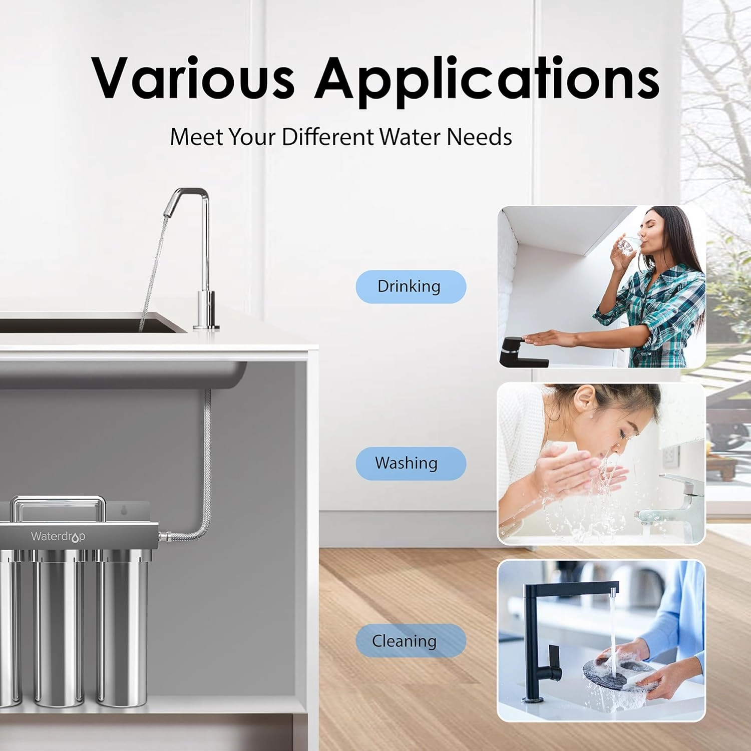 Waterdrop TST-UF 0.01μm Ultra-Filtration Under Sink Water Filter, Stainless Steel Water Filter for Sink, 5X Service Life, 99.99% of Contaminants Larger Than 0.01μm, Direct Connect to Kitchen Faucet