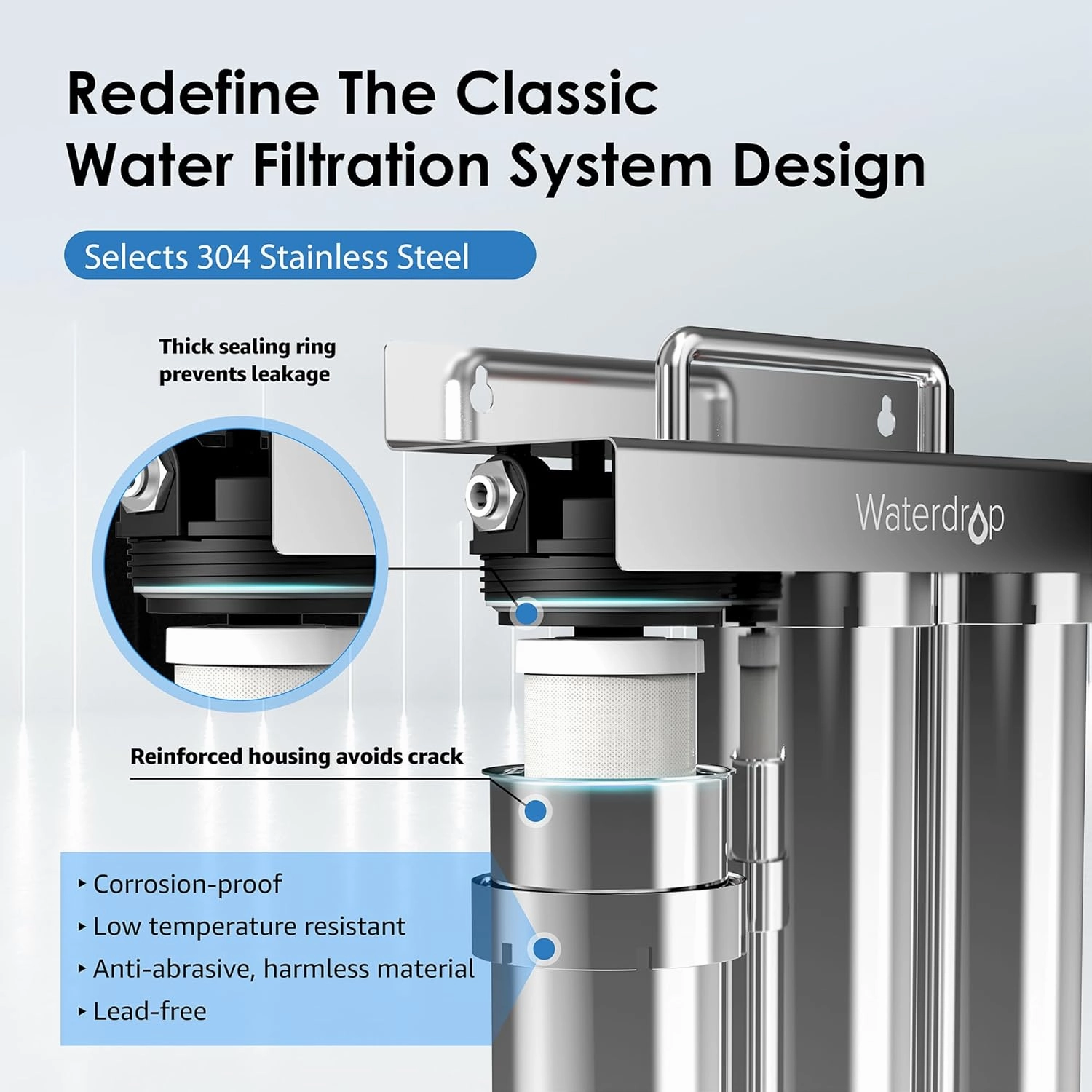 Waterdrop TST-UF 0.01μm Ultra-Filtration Under Sink Water Filter, Stainless Steel Water Filter for Sink, 5X Service Life, 99.99% of Contaminants Larger Than 0.01μm, Direct Connect to Kitchen Faucet