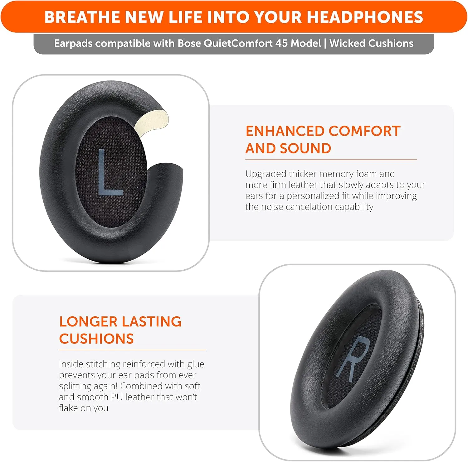 WC PadZ QC45 - Earpads for Bose QuietComfort 45 / QuietComfort Se/QuietComfort Wireless, Made by Wicked Cushions | Extra Thick Cushion | Premium Durable Stitching | Black