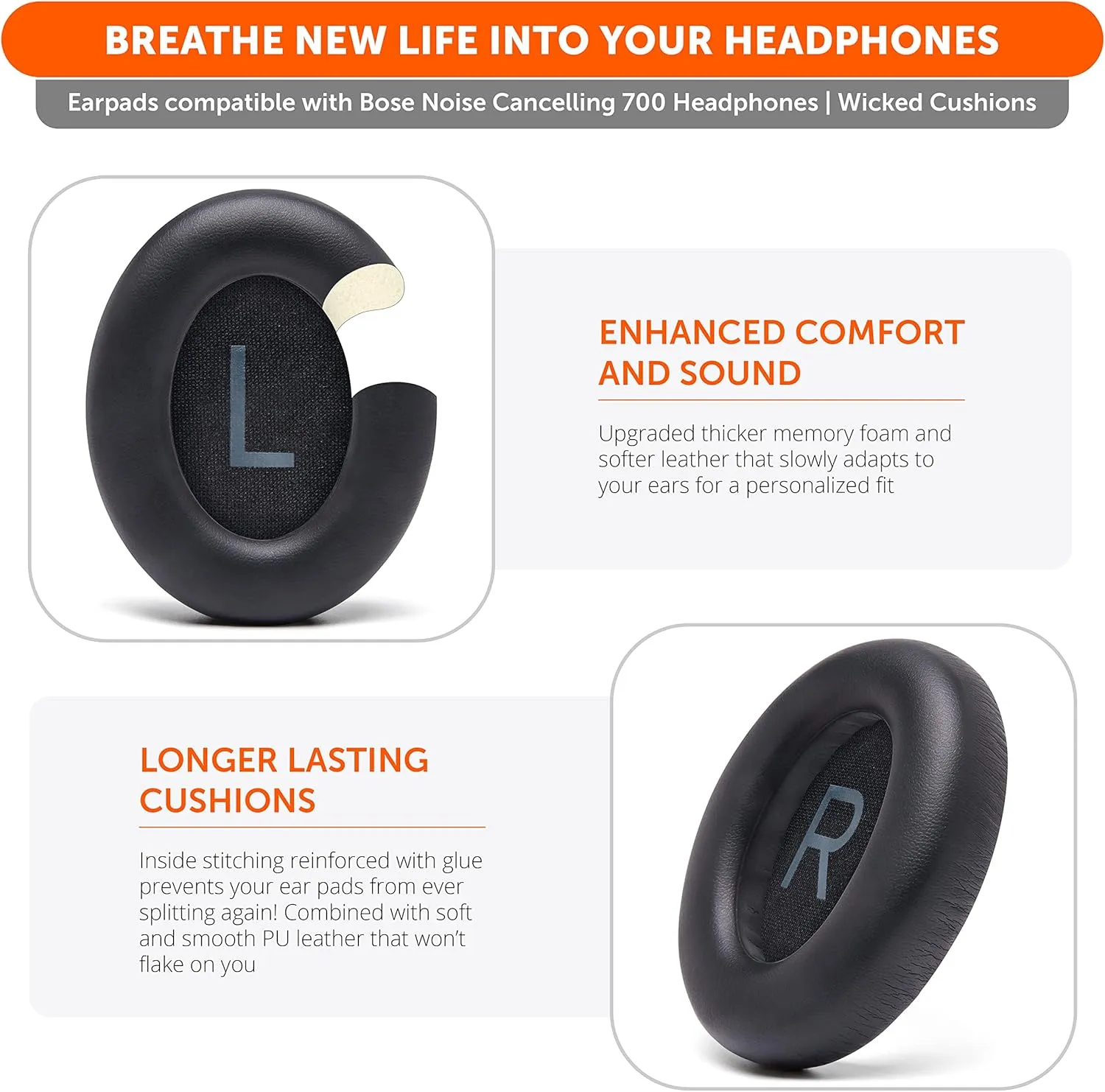 WC Wicked Cushions Upgraded Replacement Ear Pads for Bose 700 Noise Cancelling Headphones (NC700) - Softer PU Leather, Luxurious Memory Foam, Added Thickness, Extra Durable Ear Cushions | (Black)
