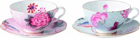 Wedgwood Cuckoo, Set of 2 Teacup & Saucer Set, 8 oz, Pink & Blue