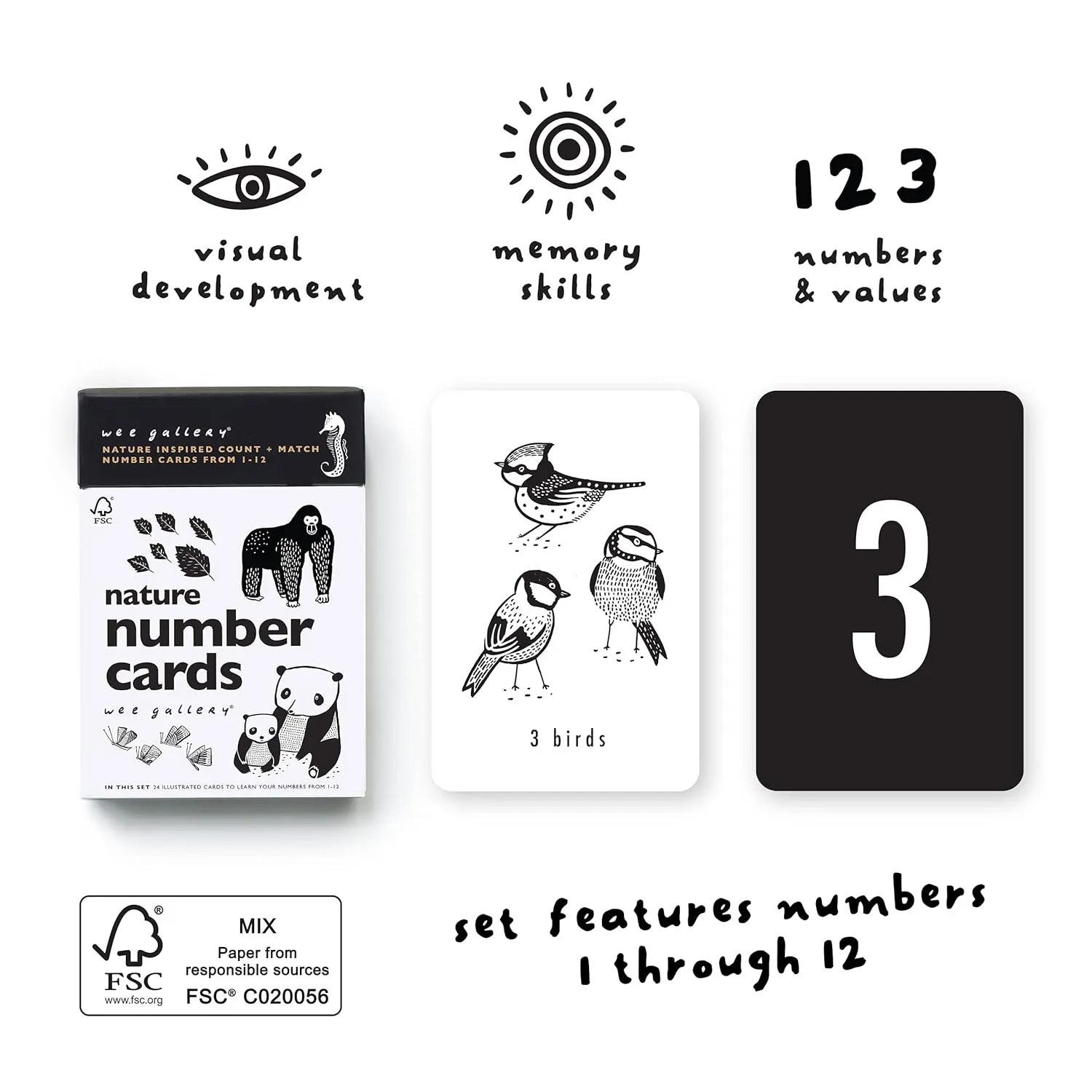 Wee Gallery Educational Flashcards for Babies, Double Sided Black and White Learning Flash cards, Nature Number Cards for Visual Stimulation and Cognitive Development of Infants and Toddlers