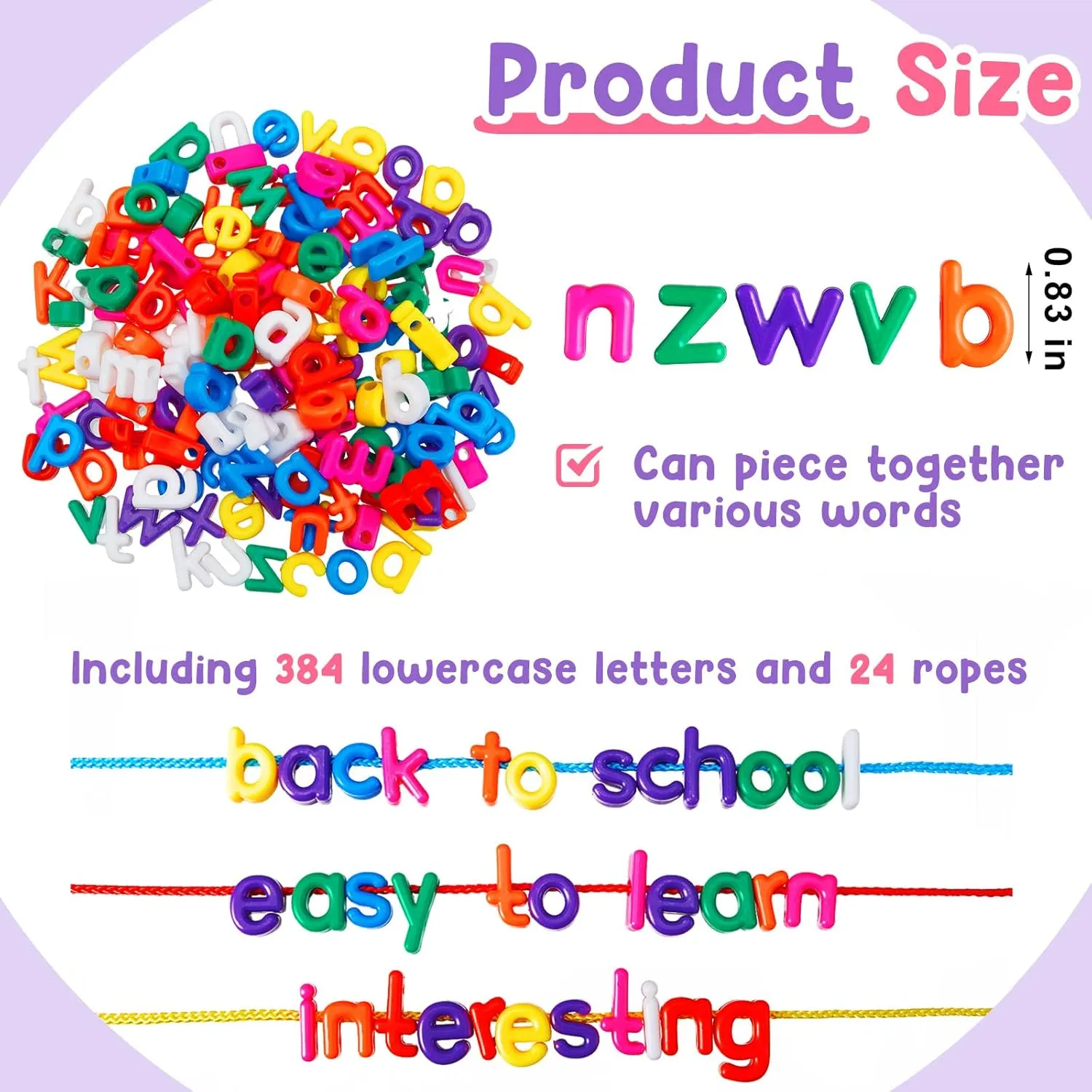 Wesiti 408 Pcs Lacing Letters Alphabet Learning Toys Toddler ABC Alphabet Beads Lacing Fine Motor Skills Toys for Preschool Games Homeschool Supplies Early Spelling(Lowercase Letters)