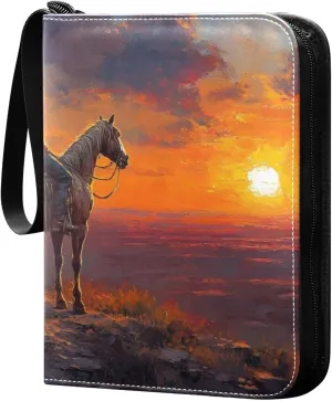 Western Sunset Cowboy Card Binder 4 Pocket Trading Card Album Fits 400 Sports/Game Cards, PU Cover 3 Ring Card Collection with 50 Removable Sleeves
