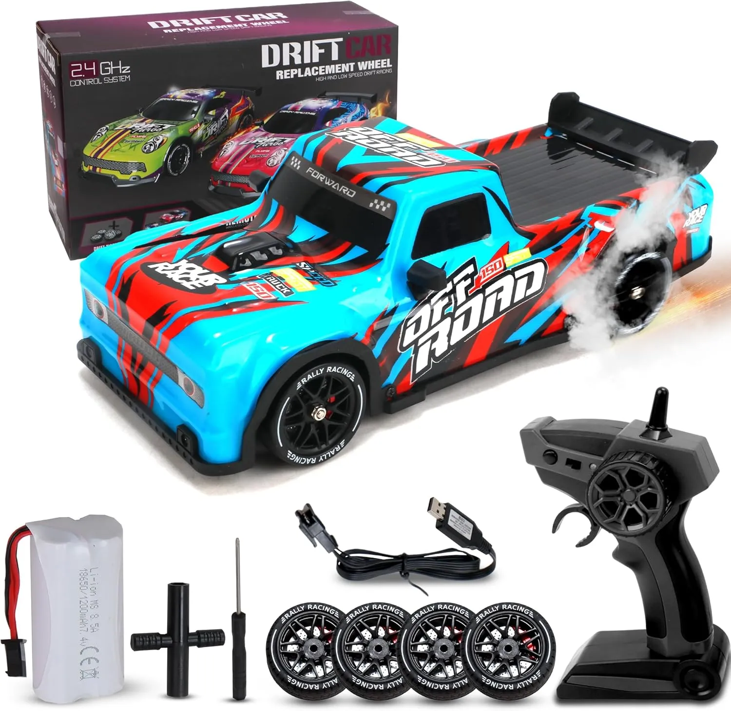 WILD & WITTY RC Drift Car 2.4 GHz with Wireless Remote Control, Turbo Drift Tires, High & Low-Speed Modes, Rechargeable Battery, Forward-Backward Motion, Replacement Wheels, Scale 1/16 (Blue)