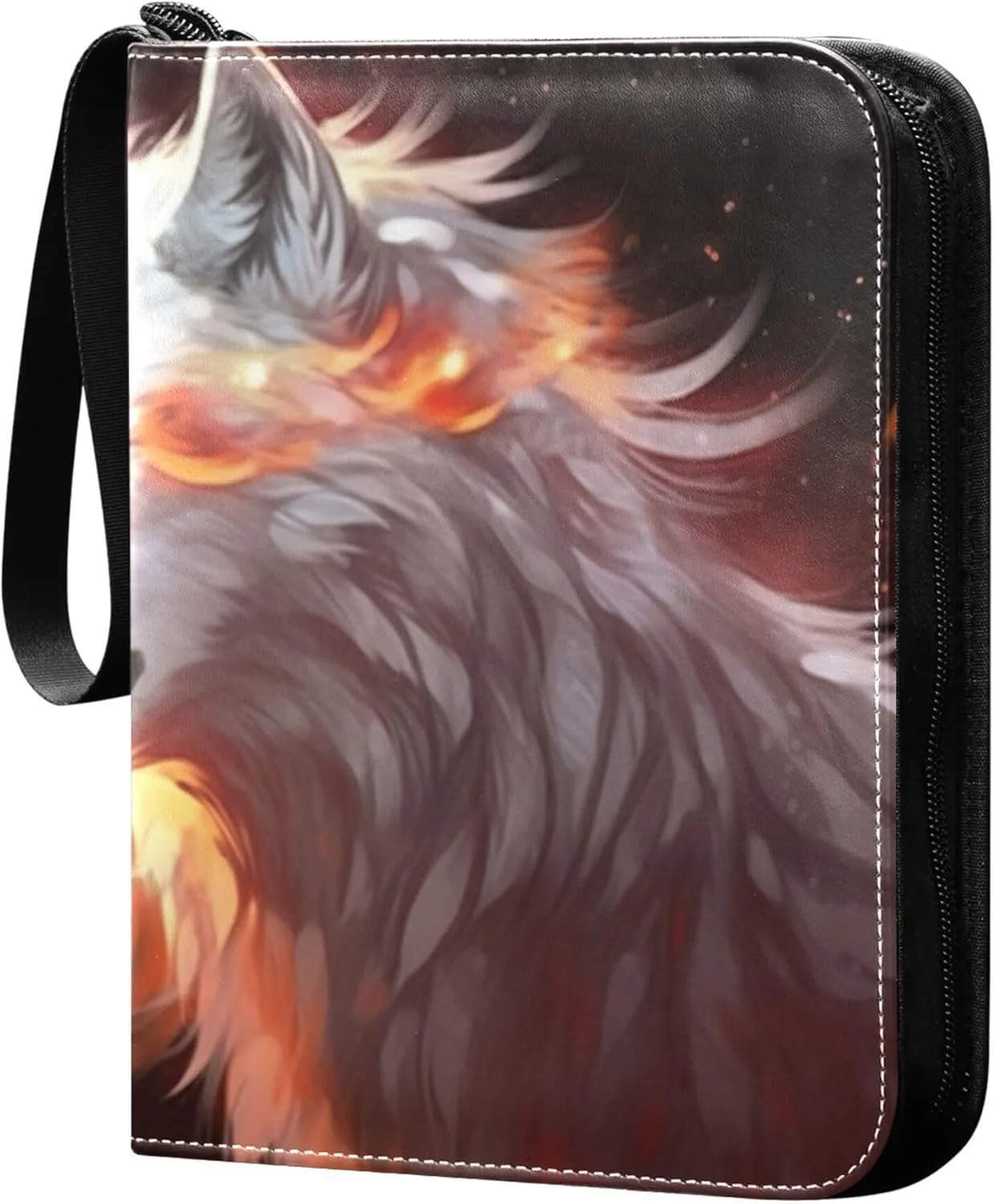 Wolfs with Fire Card Binder 4 Pocket Collectible Trading Card Albums with 50 Sleeves Double Side PU Waterproof 3 Ring for Sports & Game Cards