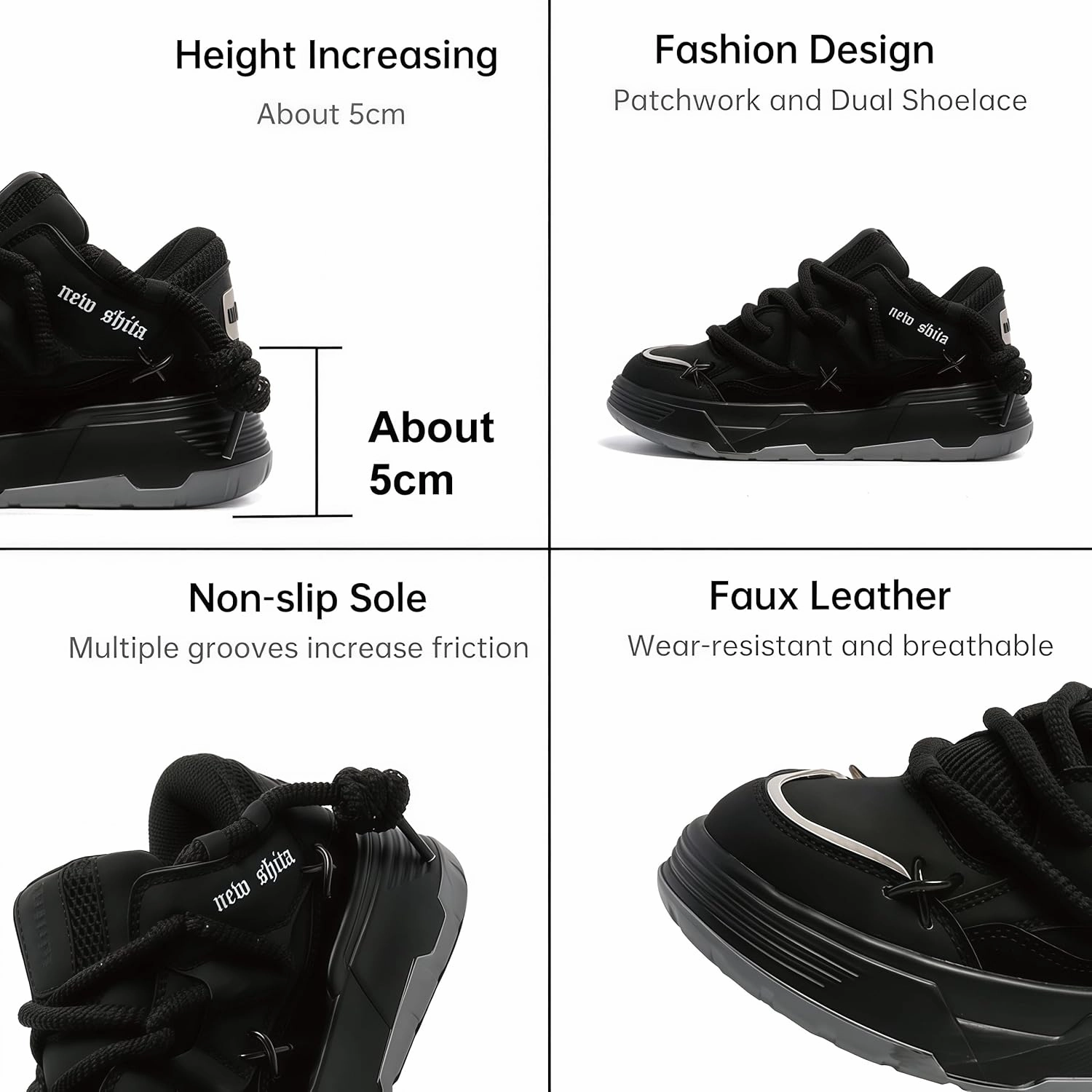 Women’s Faux Leather Fashion Platform Chunky Sneakers Lightweight Breathable Height Increasing Unisex Casual Walking Tennis Running Shoes
