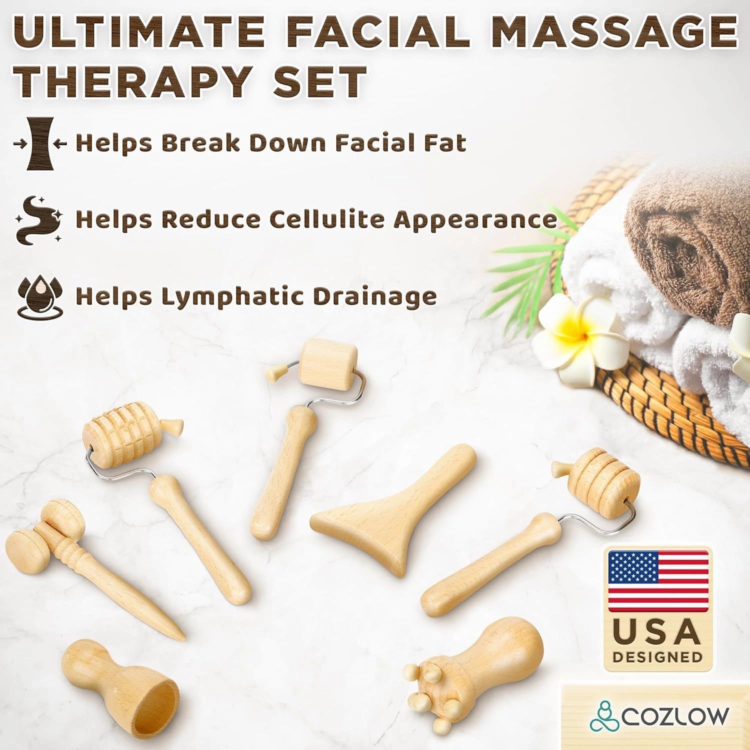 Wood Therapy Facial Massage Tools (7 Piece Set), Gua Sha Wooden Face Massager Kit for Face Lifting, Lymphatic Drainage, Skin Care & Anti-Aging