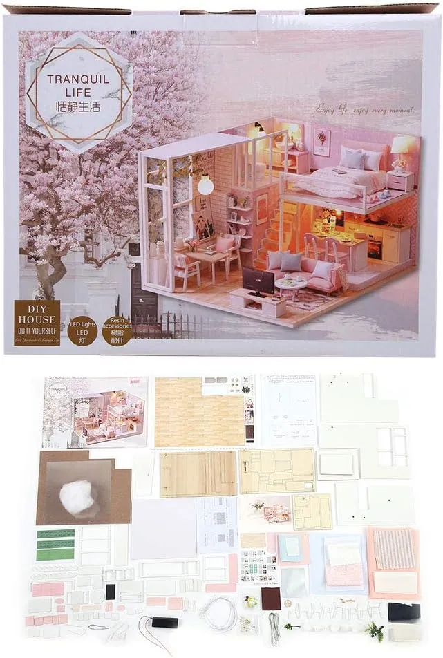 Wooded 1/24 Miniature Dollhouse, 30 x 23.5 x 7 cm, LED Light Furniture Doll House Kit DIY Adult Kids Gift