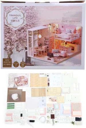 Wooded 1/24 Miniature Dollhouse, 30 x 23.5 x 7 cm, LED Light Furniture Doll House Kit DIY Adult Kids Gift