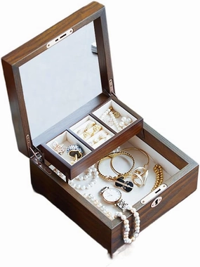 Wooden Jewelry Box for Women, Organizer Box of Wood Grain with Mirror for Jewelries, Watches, Necklace, Ring, Storage Box