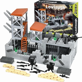 WW2 Military Base Building Brick Set - 467PCS Defense Base with Guard Tower, Rotating Machine Gun, Light Weapons, Sandbags & Weapon Storage Room for Army Minifigures, Toy for Kids & Adults
