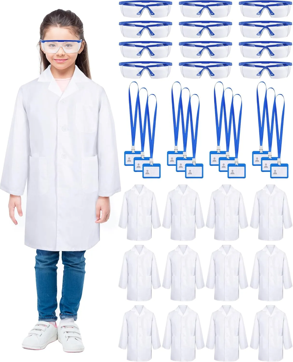 Xtinmee 12 Sets 36 Pcs Kids Lab Coat Set Halloween Doctor Costume with Goggles ID Card Science Dentist Doctor Dress Up Kit (Large)