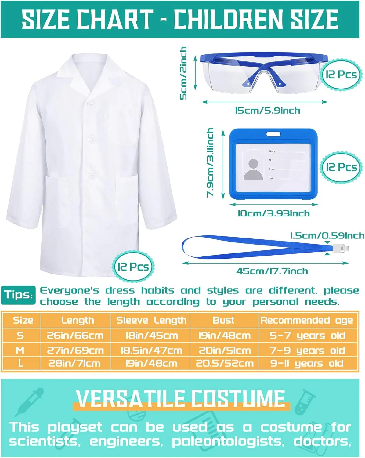 Xtinmee 12 Sets 36 Pcs Kids Lab Coat Set Halloween Doctor Costume with Goggles ID Card Science Dentist Doctor Dress Up Kit (Large)