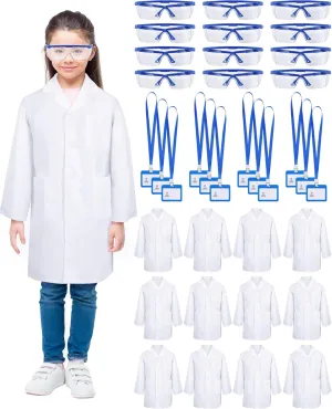 Xtinmee 12 Sets 36 Pcs Kids Lab Coat Set Halloween Doctor Costume with Goggles ID Card Science Dentist Doctor Dress Up Kit (Large)
