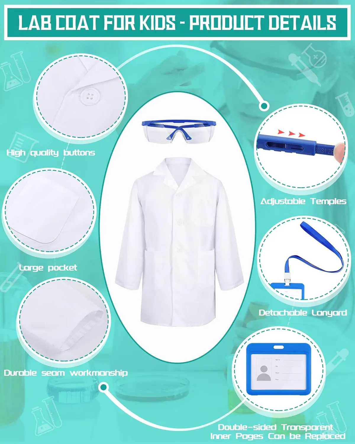 Xtinmee 12 Sets 36 Pcs Kids Lab Coat Set Halloween Doctor Costume with Goggles ID Card Science Dentist Doctor Dress Up Kit (Large)