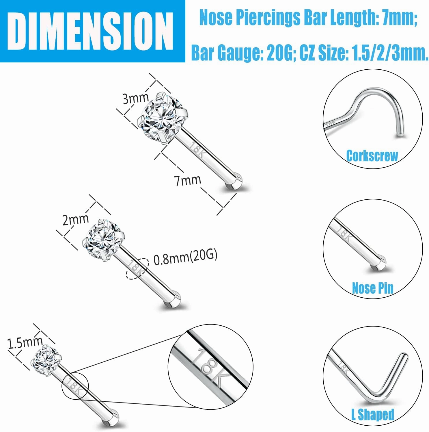 ZS 18K Real Gold 20G Nose Rings for Women Men, 1.5mm 2mm 3mm CZ Simulated Diamond, Solid 7mm Nose Stud Pin Piercing, Non-Irritating Skin Body Jewelry