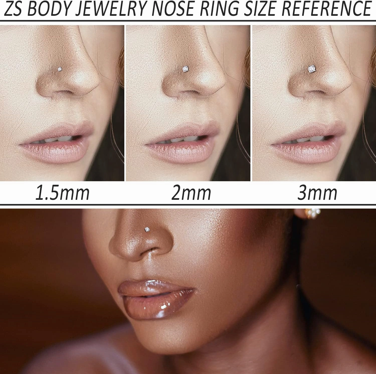 ZS 18K Real Gold 20G Nose Rings for Women Men, 1.5mm 2mm 3mm CZ Simulated Diamond, Solid 7mm Nose Stud Pin Piercing, Non-Irritating Skin Body Jewelry