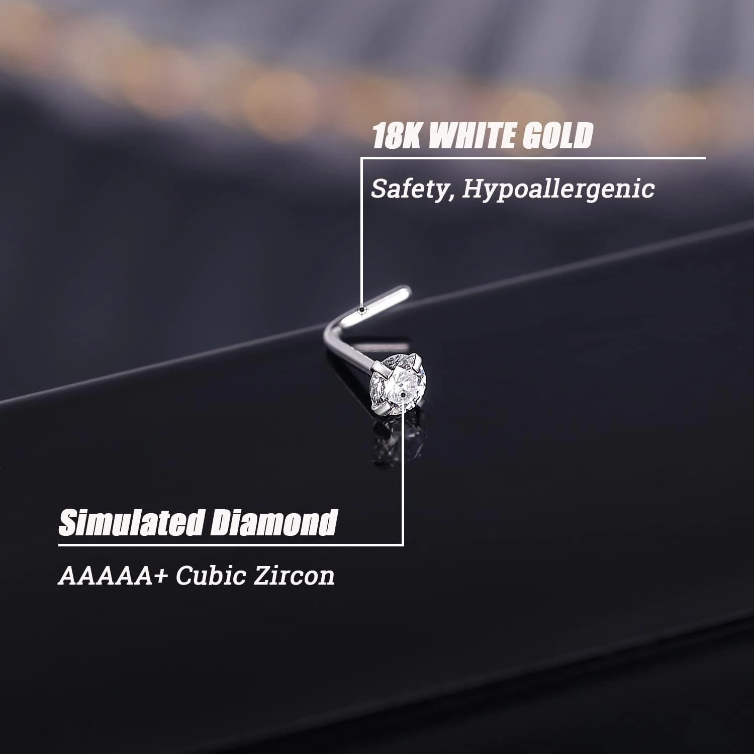 ZS 18K Real Gold 20G Nose Rings for Women Men, 1.5mm 2mm 3mm CZ Simulated Diamond, Solid 7mm Nose Stud Pin Piercing, Non-Irritating Skin Body Jewelry